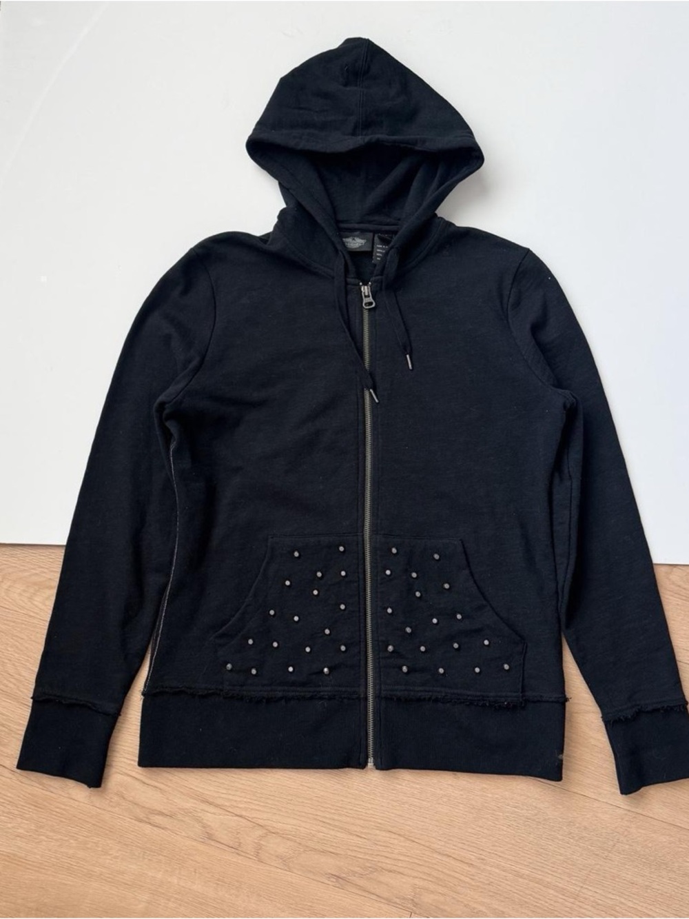 Y2K Harley Davidson Hoodie Large Black Studded Zip Up Grunge Cotton Biker